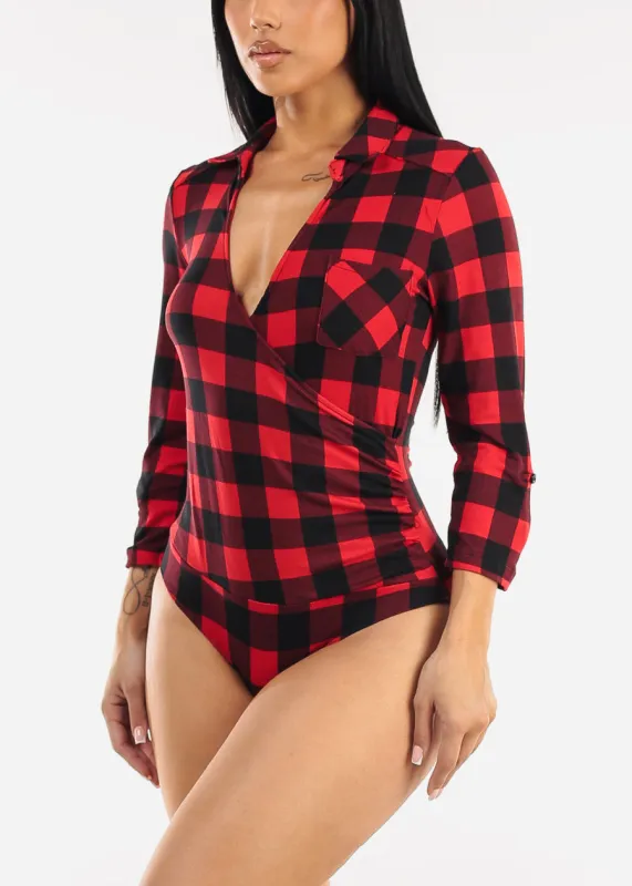 Stretchy Quarter Sleeve Surplice Plaid Bodysuit Red made by Moda