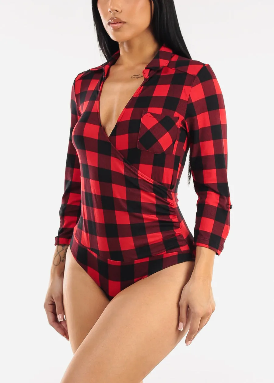Stretchy Quarter Sleeve Surplice Plaid Bodysuit Red sold by Moda