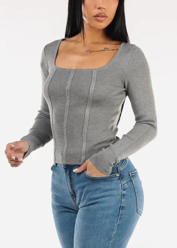 Long Sleeve Square Neck Stretch Sweater Top Grey sold by Moda