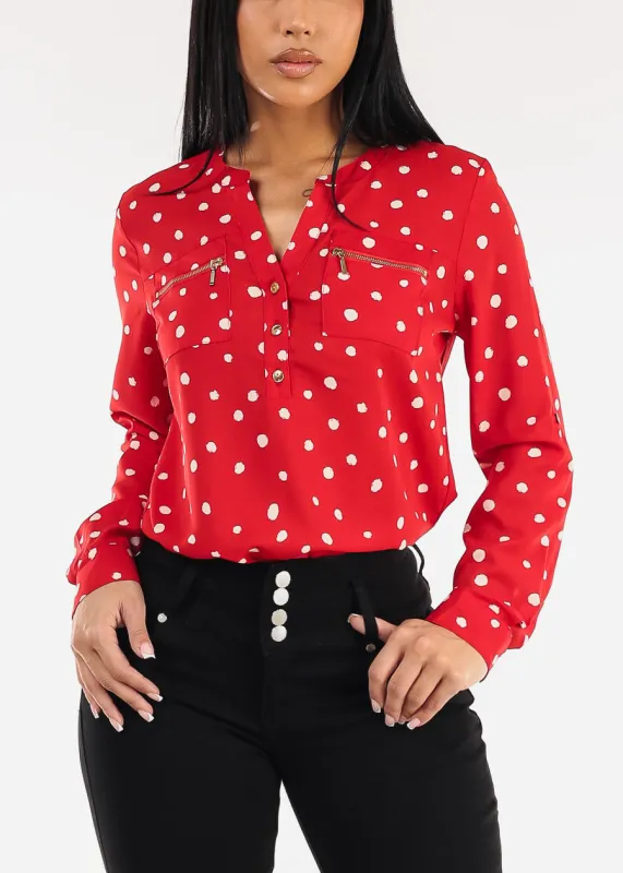 Long Sleeve Half Button Up Polka Dot Blouse Red sold by Moda