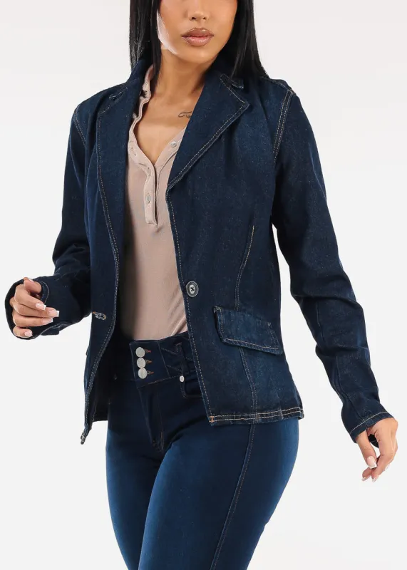 Long Sleeve Dark Wash Denim Blazer sold by Moda