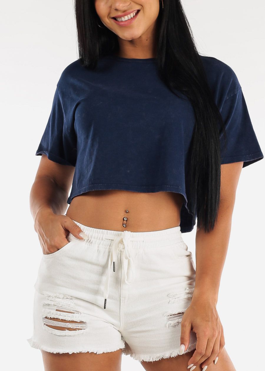 Navy Short Sleeve Cotton Cropped Tee sold by Moda