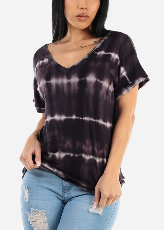 Black Short Sleeve Tie Dye Vneck Top sold by Moda