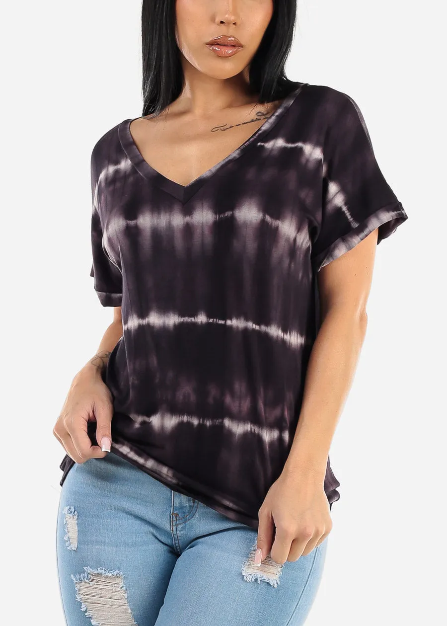 Black Short Sleeve Tie Dye Vneck Top sold by Moda