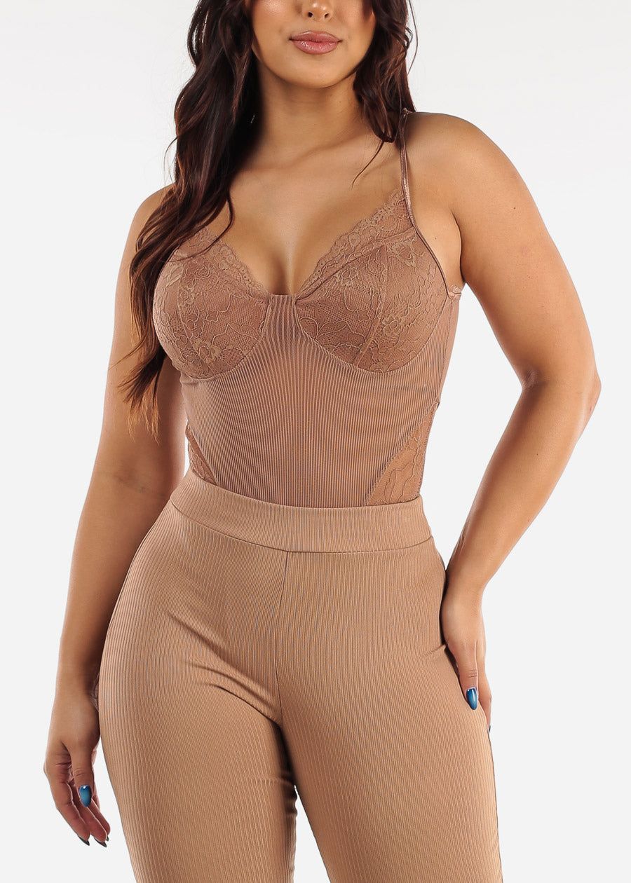 Sleeveless Nude Thin Stripe Mesh & Lace Thong Bodysuit sold by Moda