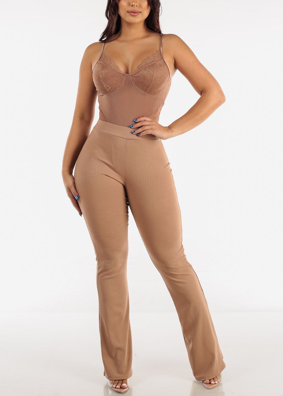 Sleeveless Nude Thin Stripe Mesh & Lace Thong Bodysuit sold by Moda product image thumbnail 5