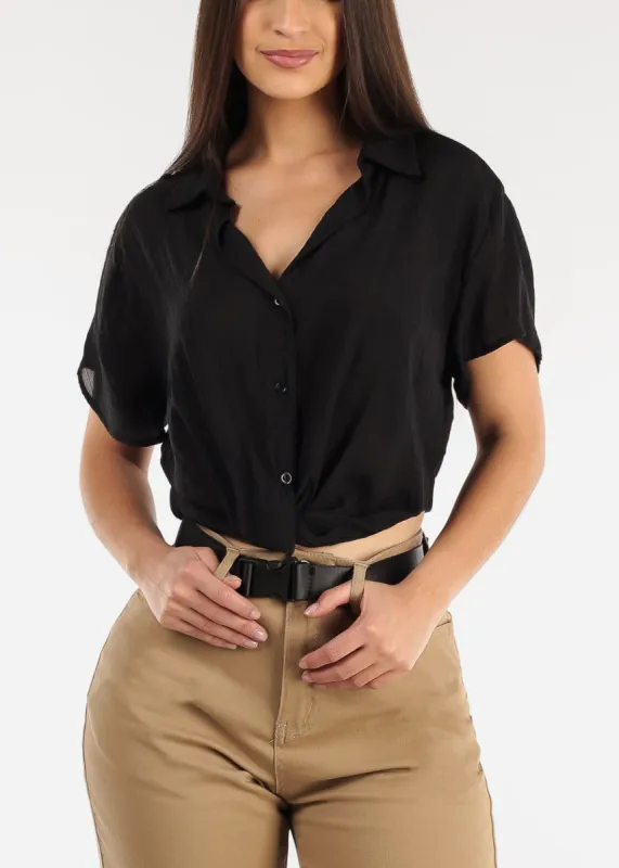 Short Sleeve Black Button Up Shirt w Twisted Front sold by Moda