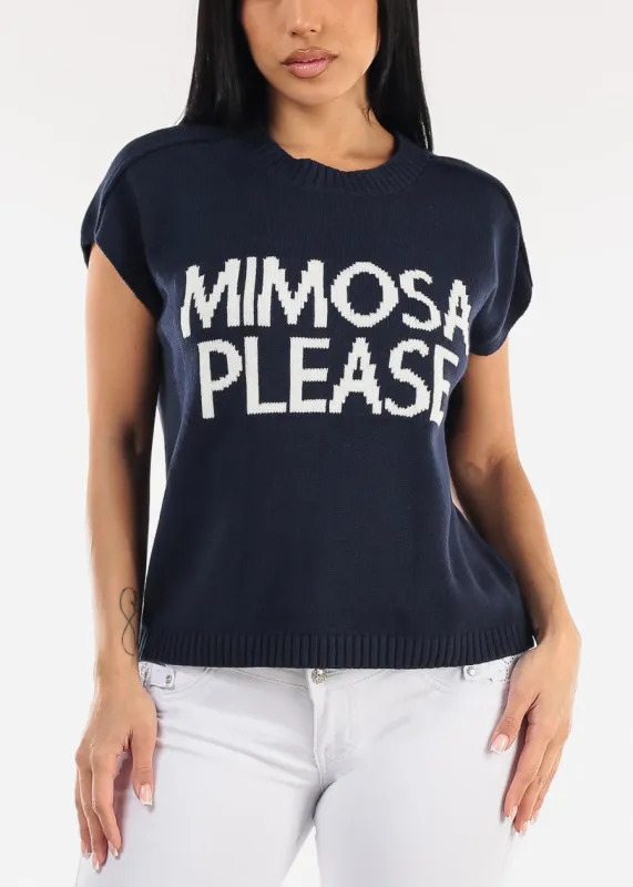 Short Sleeve Stretchy Graphic Sweater Top Navy "Mimosa" sold by Moda