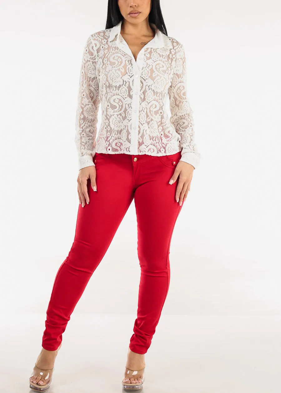 Long Sleeve Button Up Lace Collared Blouse White sold by Moda product image thumbnail 2