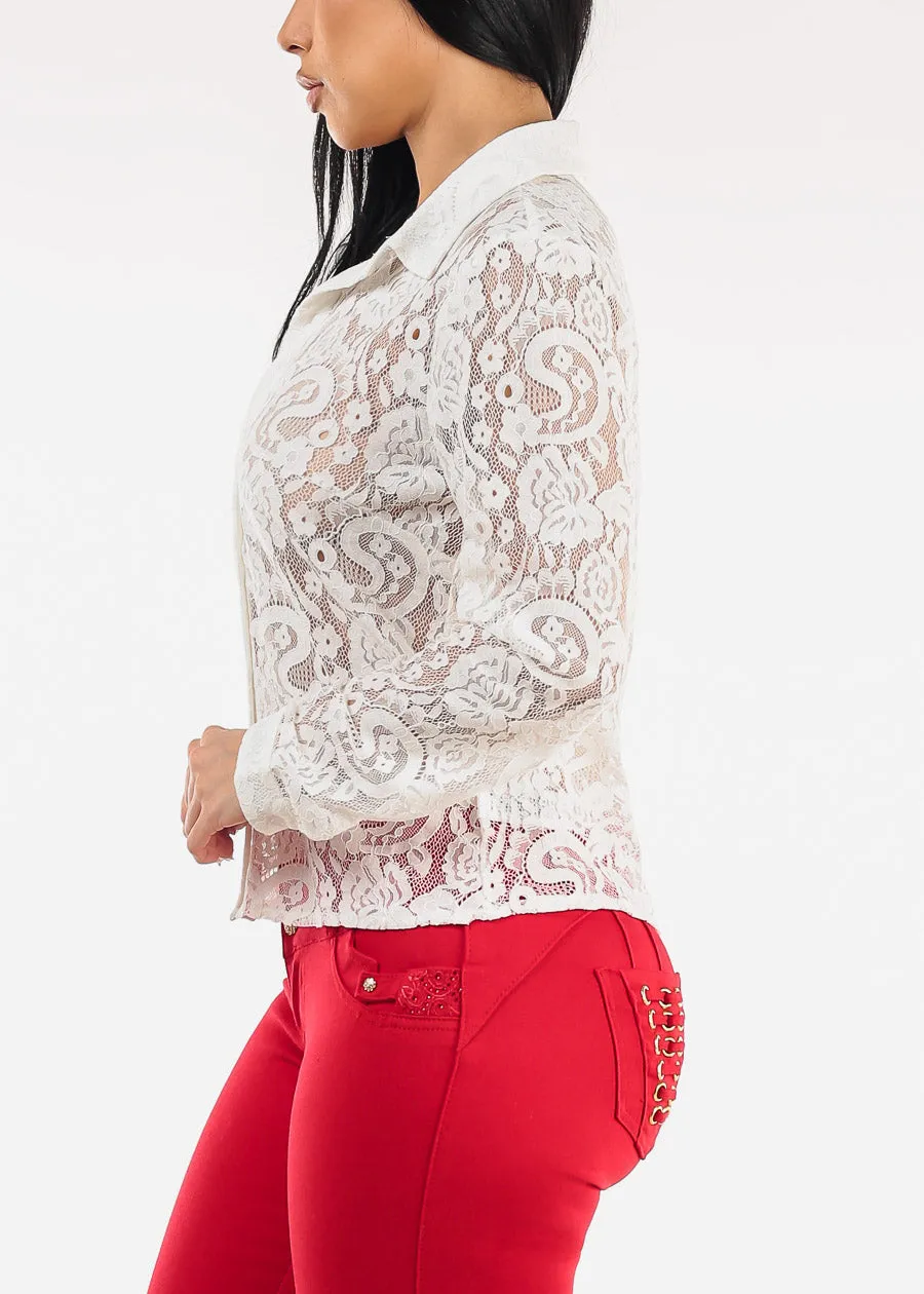 Long Sleeve Button Up Lace Collared Blouse White sold by Moda product image thumbnail 3