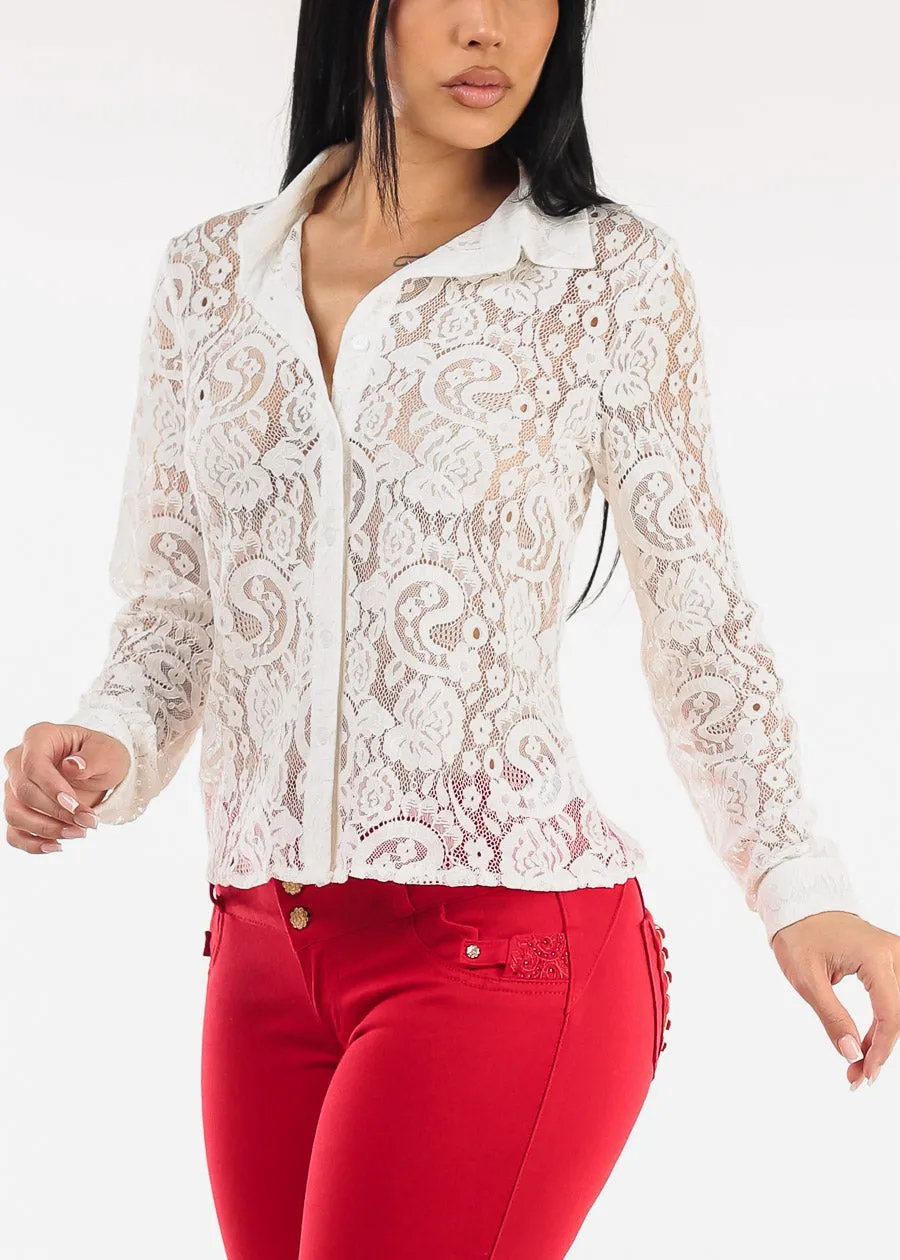 Long Sleeve Button Up Lace Collared Blouse White sold by Moda