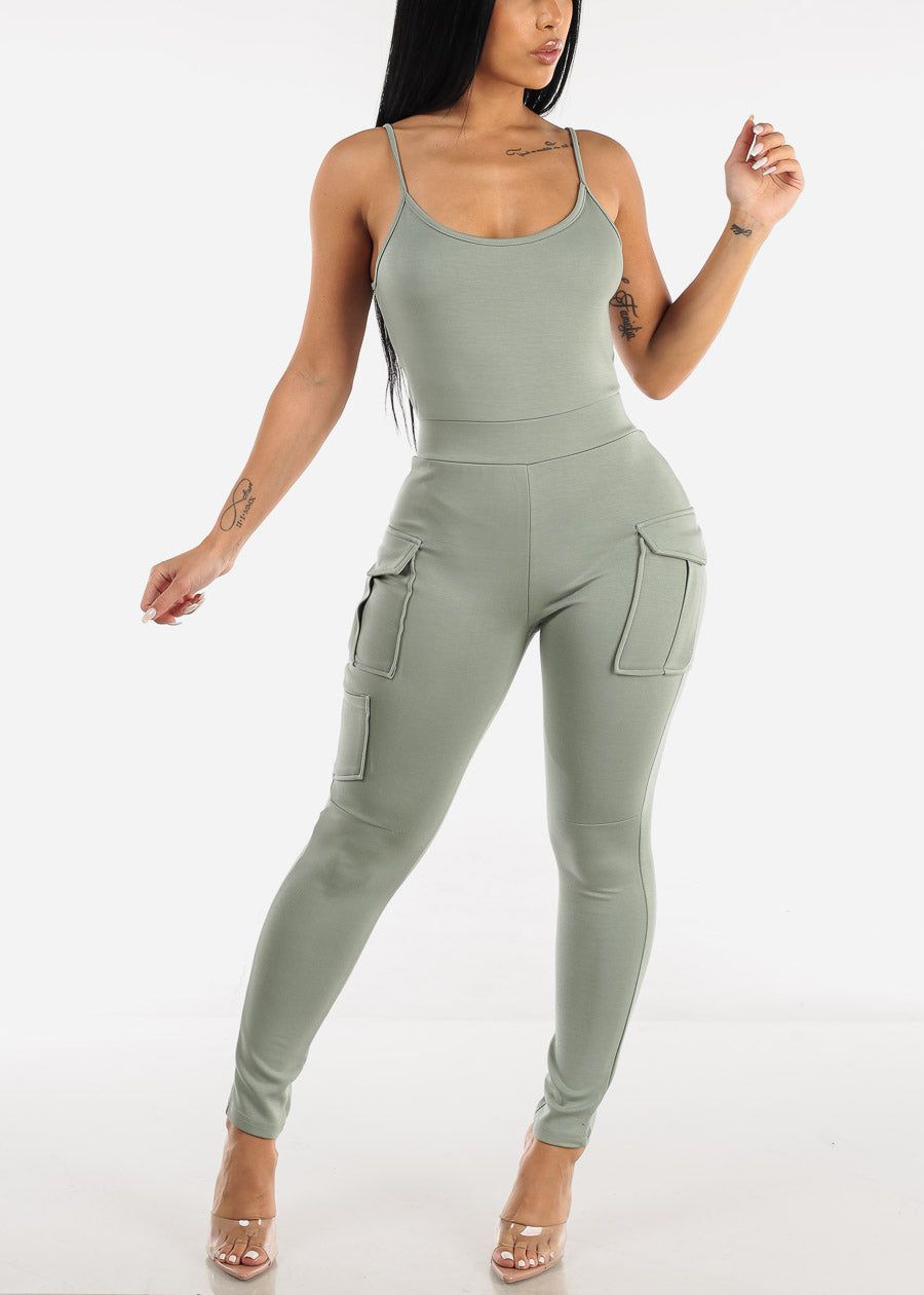 Sleeveless Cargo Skinny Jumpsuit Sage sold by Moda