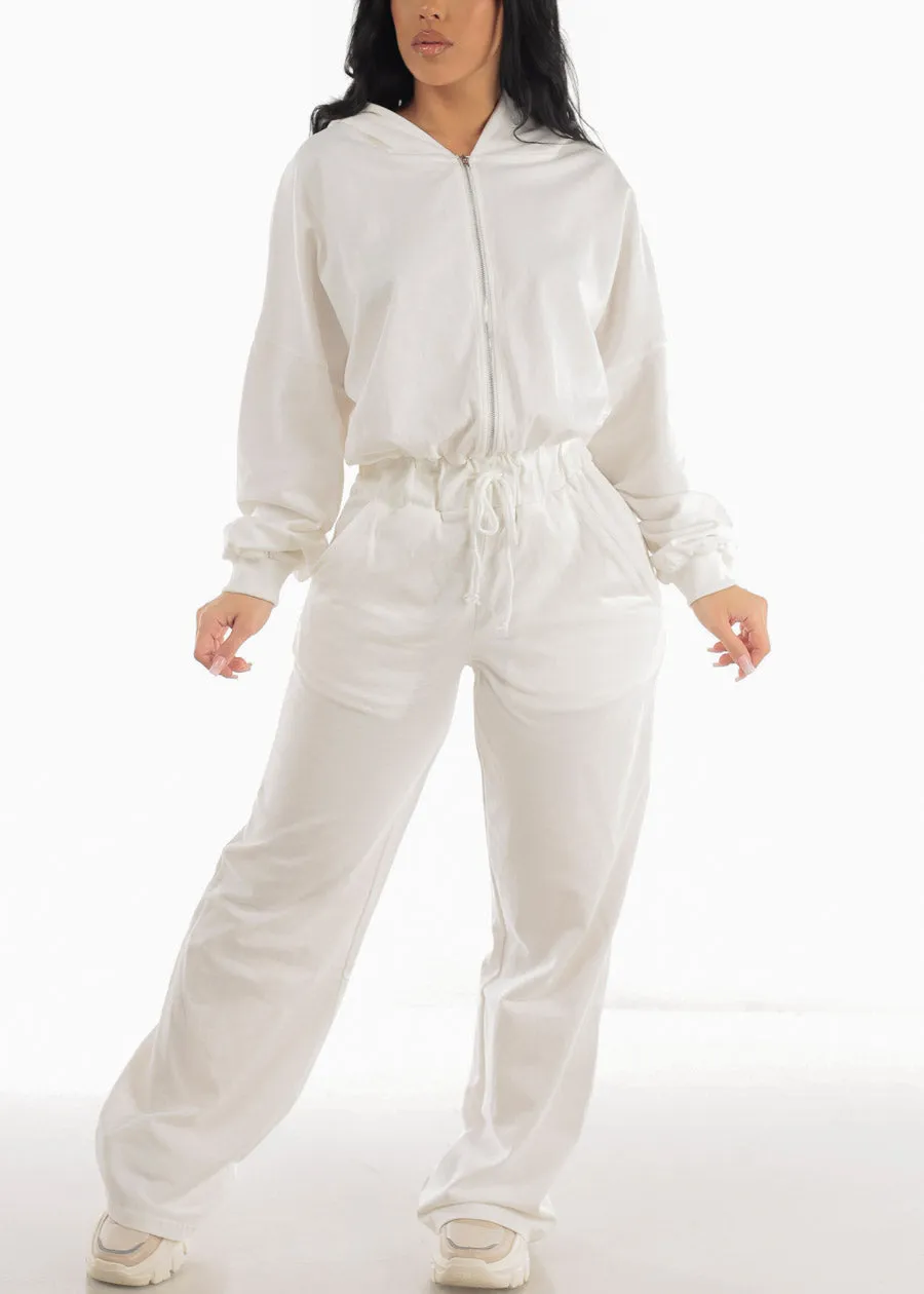 Drawstring Waist Long Sleeve White Hooded Jumpsuit sold by Moda