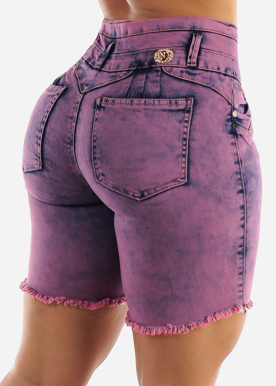 Purple Pink Frayed Butt Lifting Denim Shorts sold by Moda
