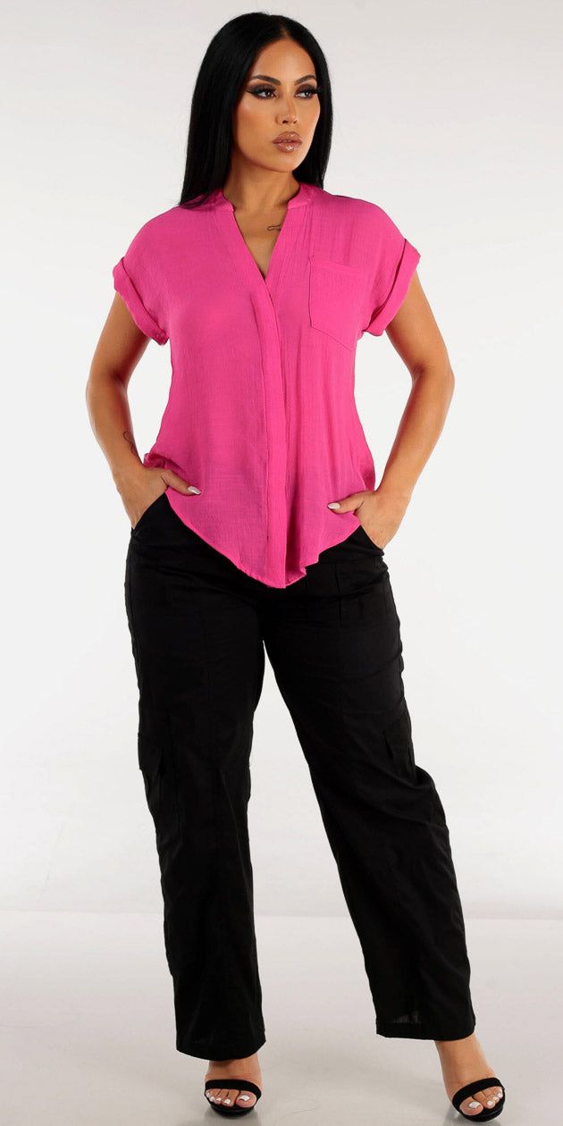 Black Wide Legged Cargo Pants with Vneck Button Up Pink Shirt sold by Moda