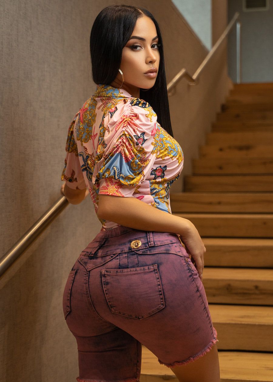 Purple Pink Frayed Butt Lifting Denim Shorts sold by Moda product image thumbnail 2