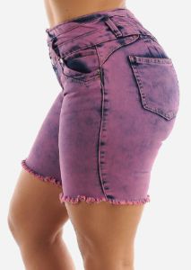 Purple Pink Frayed Butt Lifting Denim Shorts sold by Moda