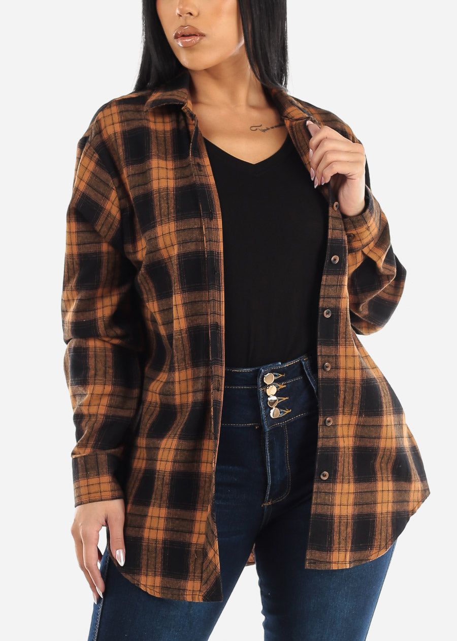 Oversize Plaid Button Down Shacket Brown sold by Moda