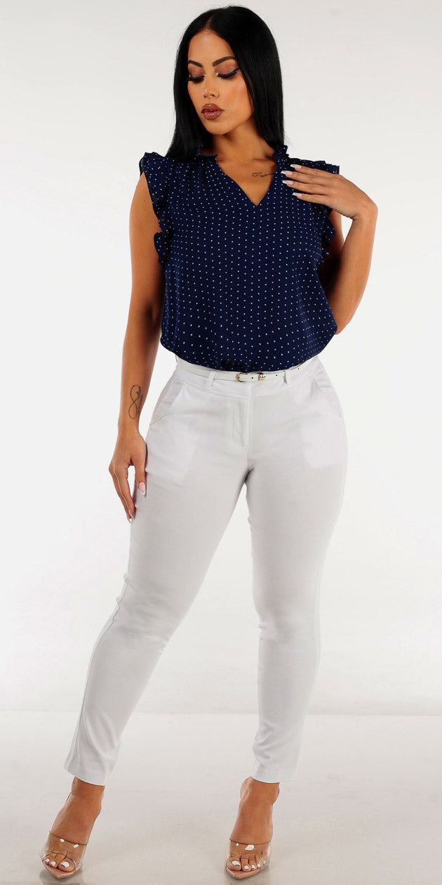 White Mid Rise Dressy Skinny Pants with Sleeveless Navy Polka Dot Blouse sold by Moda