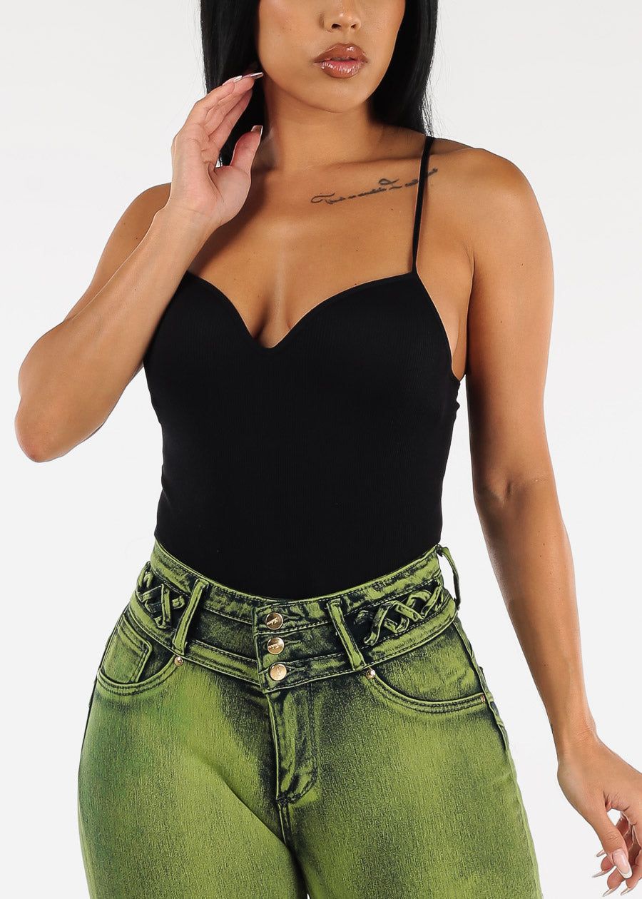 Black Spaghetti Strap Seamless Thong Bodysuit sold by Moda