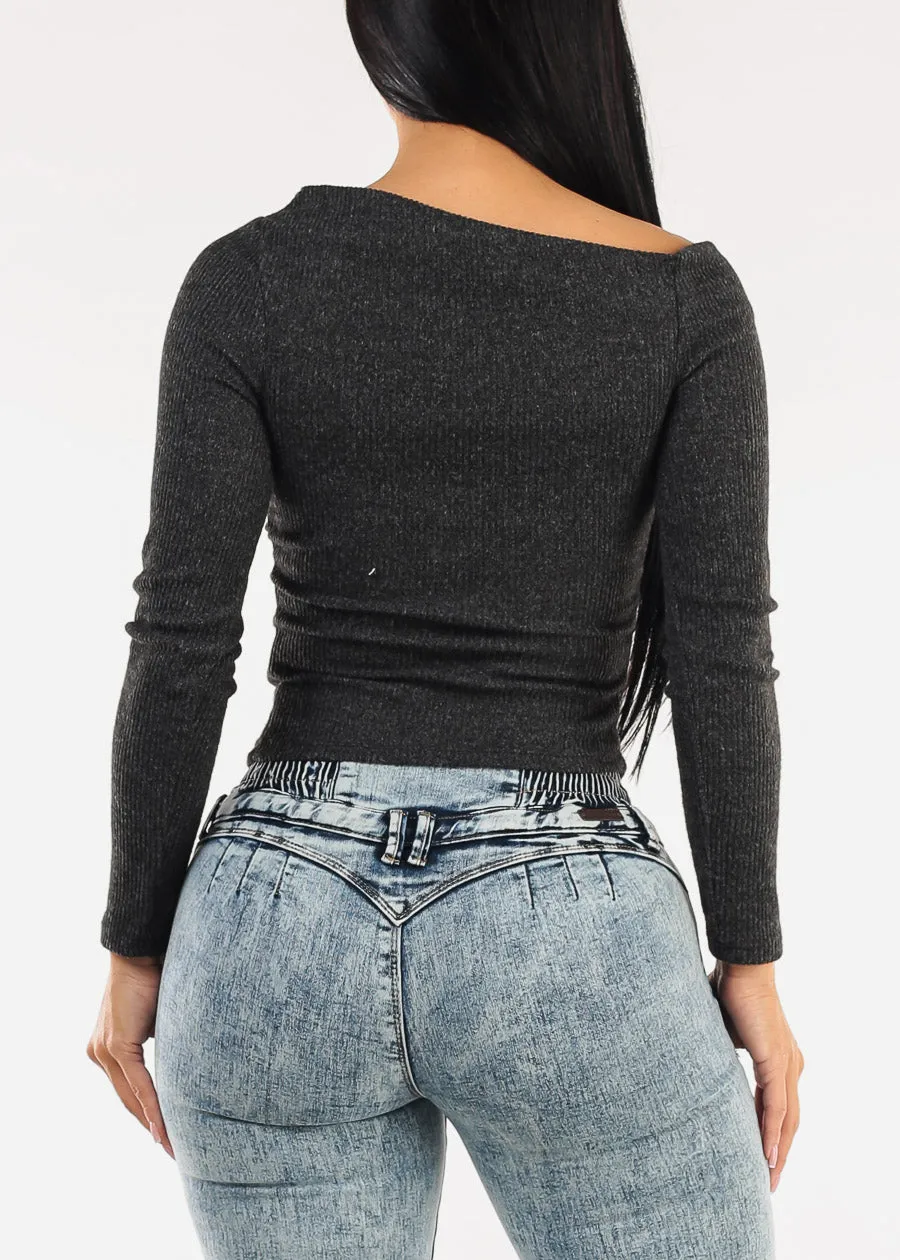 Long Sleeve Asymmetrical Neckline Stretch Knit Top Heather Black sold by Moda product image thumbnail 4