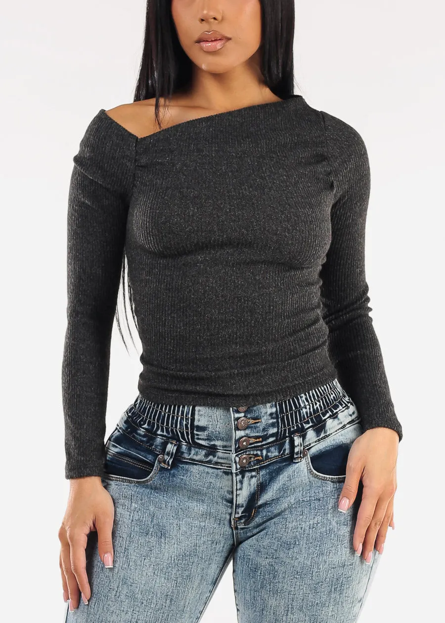 Long Sleeve Asymmetrical Neckline Stretch Knit Top Heather Black sold by Moda