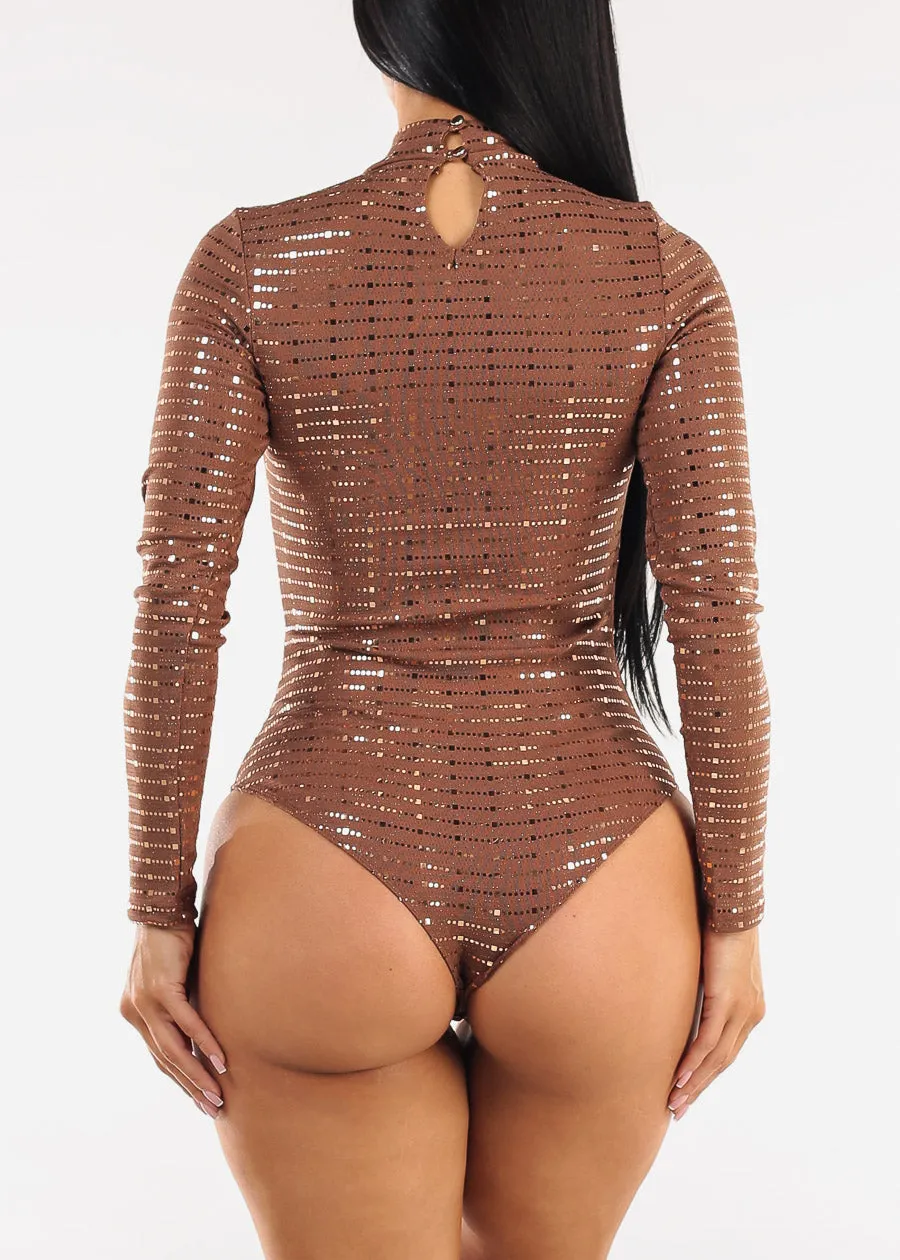 Long Sleeve Mock Neck Metallic Bodysuit Mocha sold by Moda product image thumbnail 4