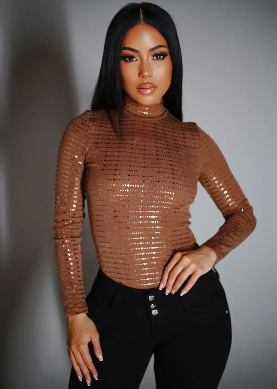 Long Sleeve Mock Neck Metallic Bodysuit Mocha sold by Moda product image thumbnail 5