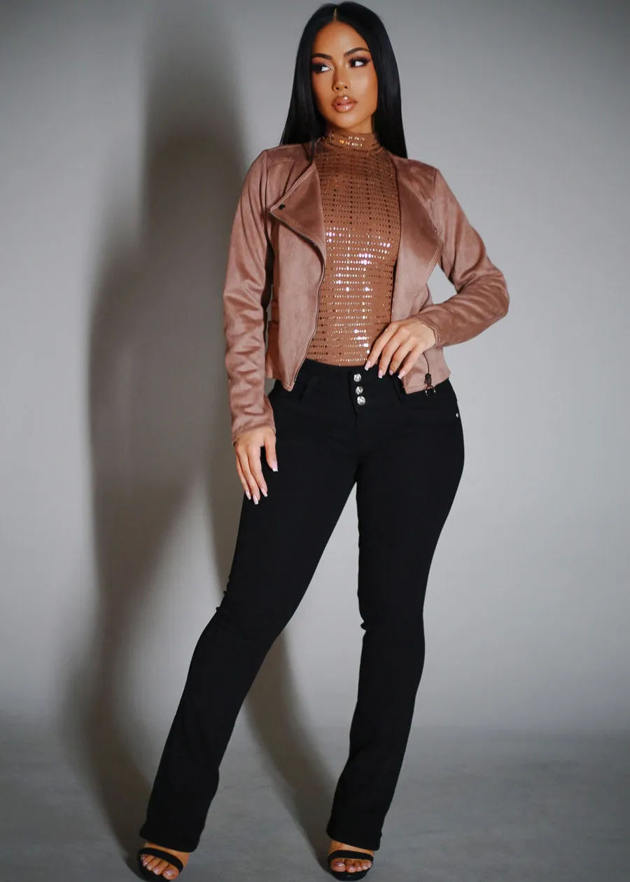 Long Sleeve Mock Neck Metallic Bodysuit Mocha sold by Moda product image thumbnail 2