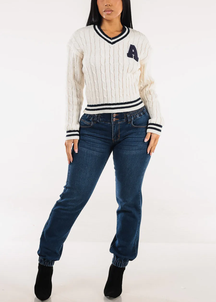 Long Sleeve Vneck Varsity Cable Knit Sweater Cream sold by Moda product image thumbnail 2