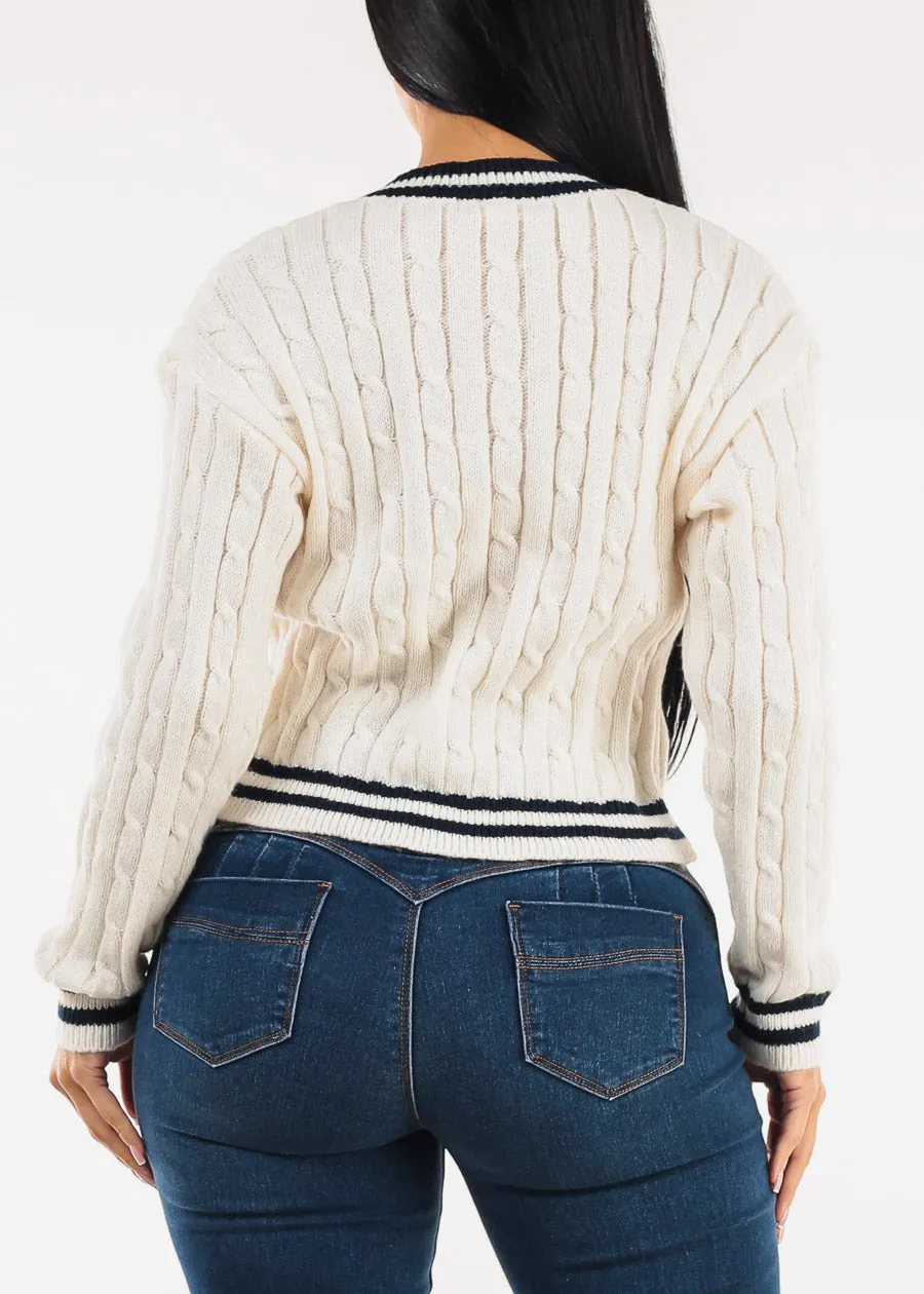 Long Sleeve Vneck Varsity Cable Knit Sweater Cream sold by Moda product image thumbnail 4