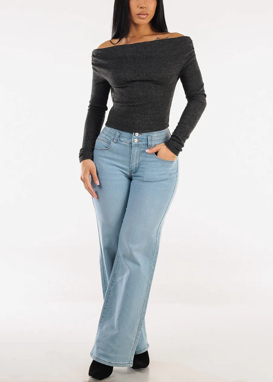 Off Shoulder Butter Soft Stretch Top Heather Black sold by Moda product image thumbnail 2