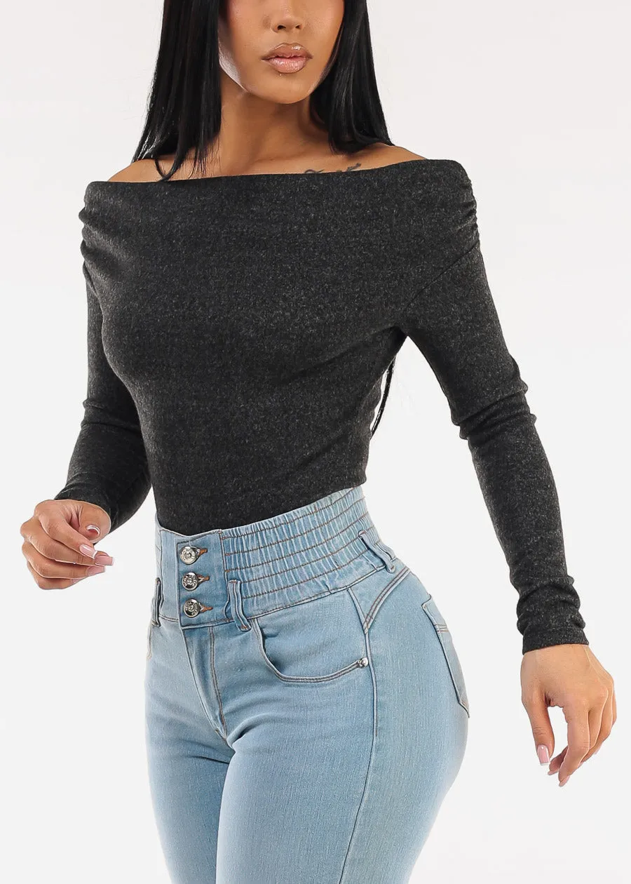 Off Shoulder Butter Soft Stretch Top Heather Black sold by Moda