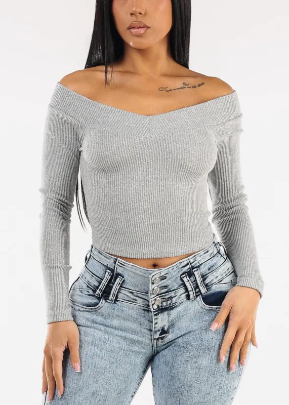 Stretchy Vneck Off Shoulder Ribbed Top Heather Grey made by iris