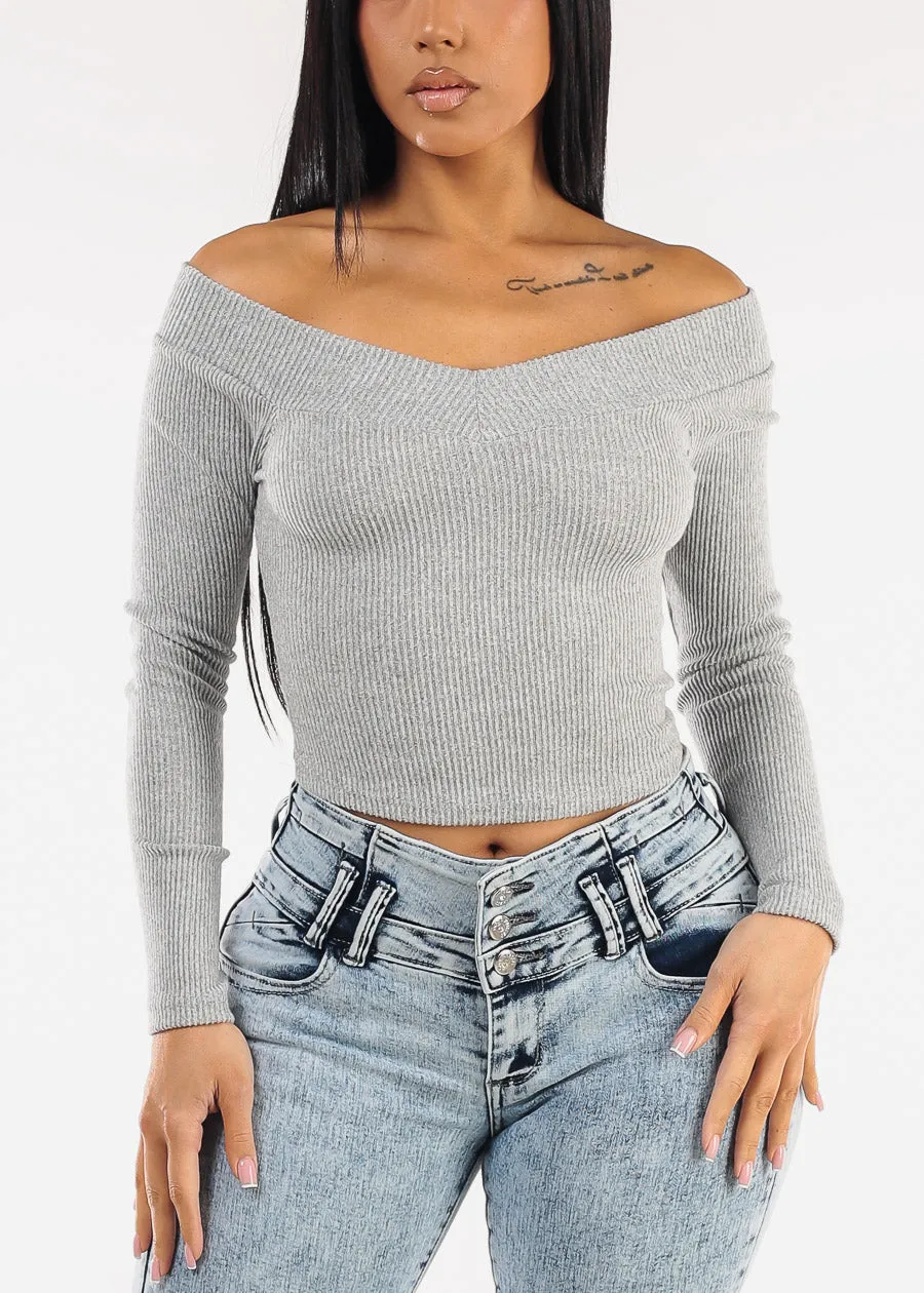 Stretchy Vneck Off Shoulder Ribbed Top Heather Grey sold by Moda
