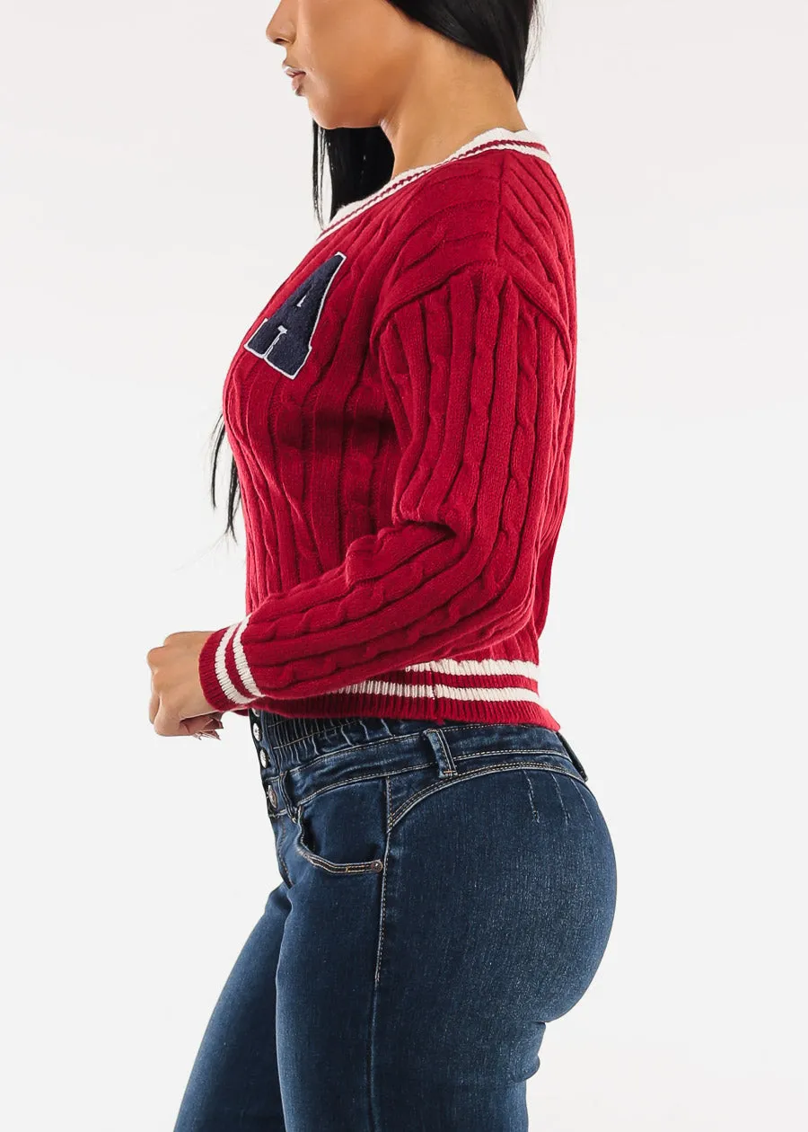 Long Sleeve Vneck Varsity Cable Knit Sweater Red sold by Moda product image thumbnail 3