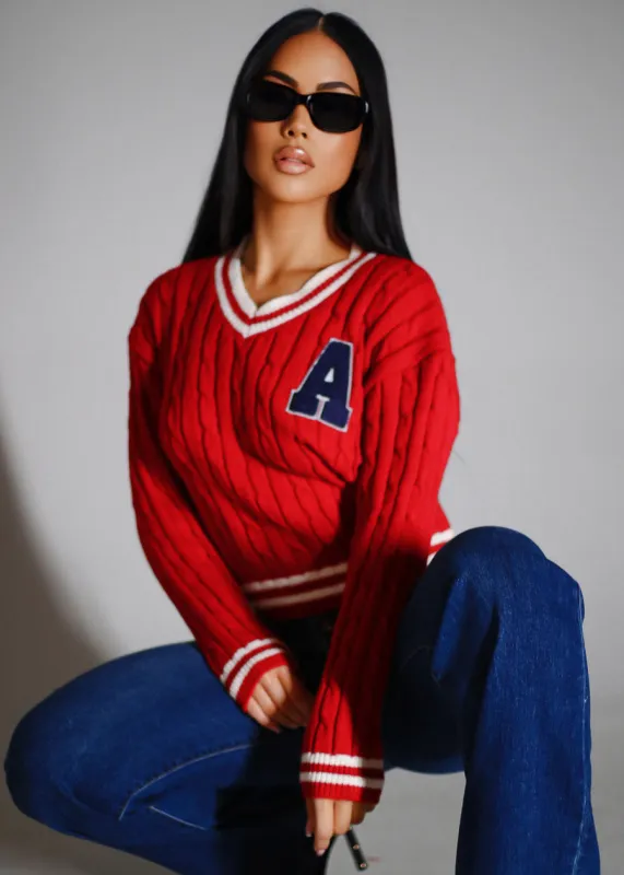 Long Sleeve Vneck Varsity Cable Knit Sweater Red made by iris