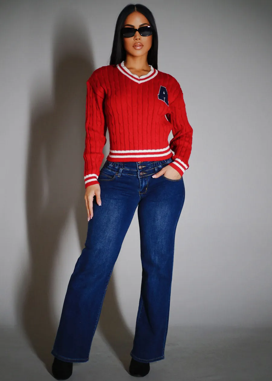 Long Sleeve Vneck Varsity Cable Knit Sweater Red sold by Moda product image thumbnail 2