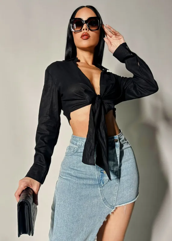 Linen Long Sleeve Front Tie Black Crop Top sold by Moda