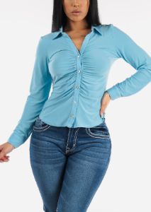Button Down Collared Blouse Light Blue w Ruched Front sold by Moda