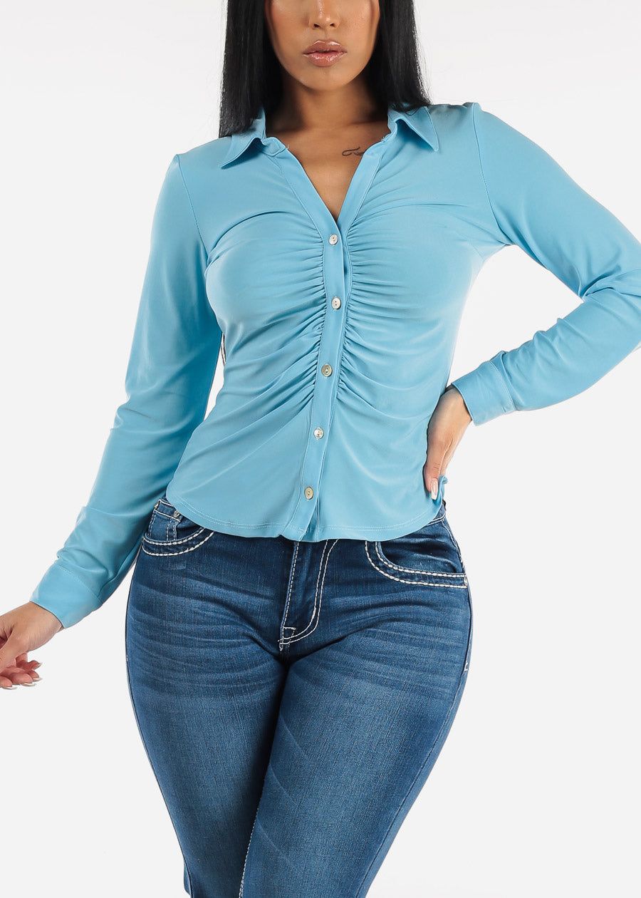 Button Down Collared Blouse Light Blue w Ruched Front sold by Moda product image thumbnail 3