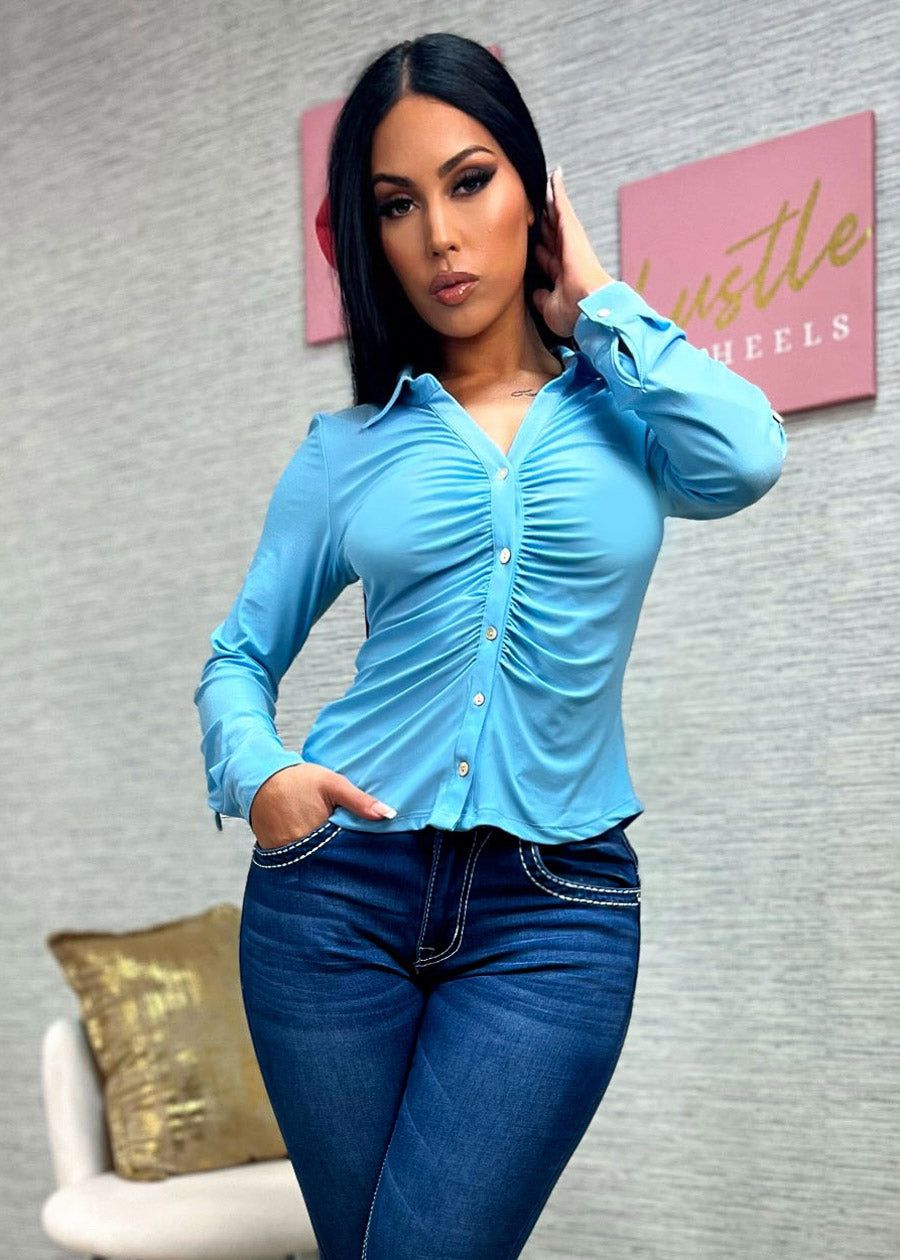 Button Down Collared Blouse Light Blue w Ruched Front sold by Moda