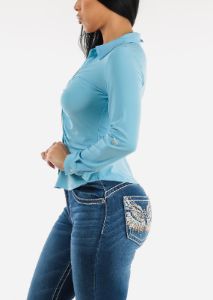 Button Down Collared Blouse Light Blue w Ruched Front sold by Moda
