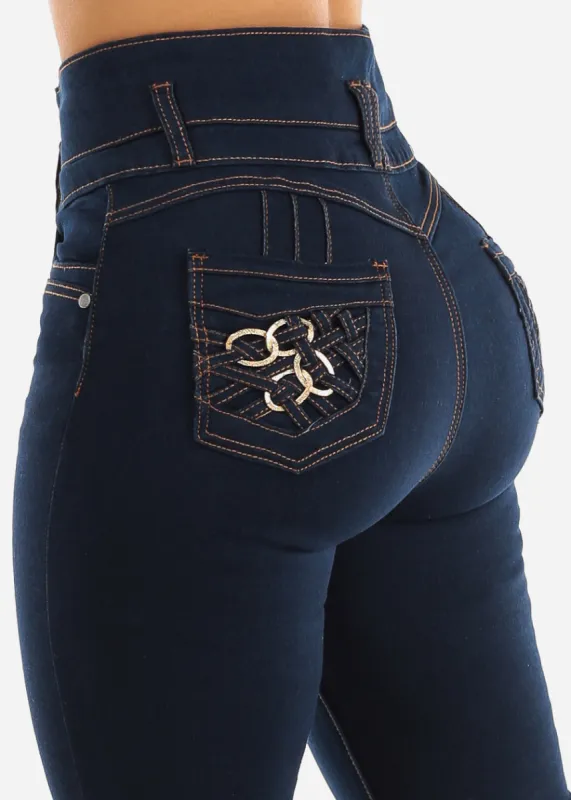 Ultra High Waisted Butt Lifting Skinny Jeans Dark Blue sold by Moda