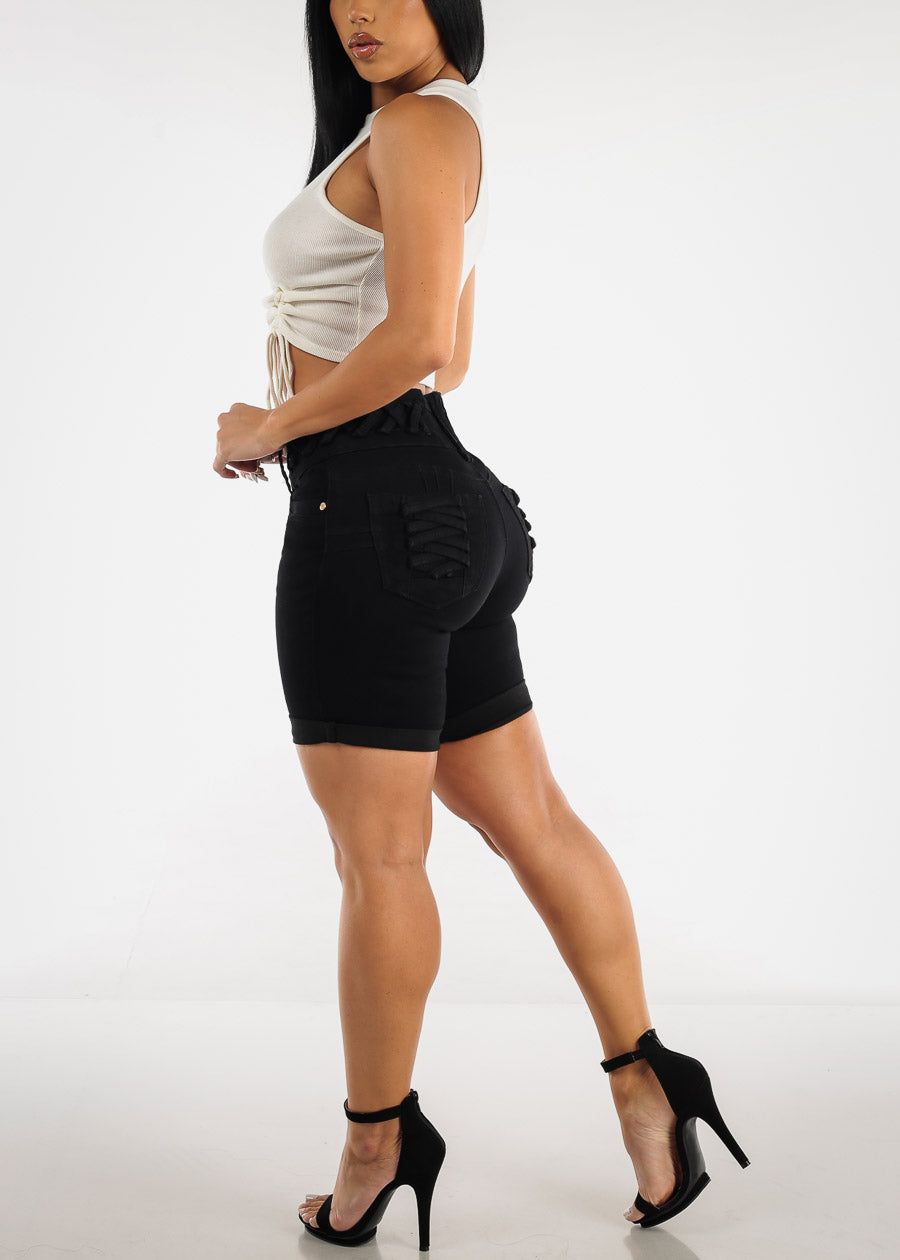 Black High Waisted Butt Lifting Mid Thigh Shorts sold by Moda product image thumbnail 7