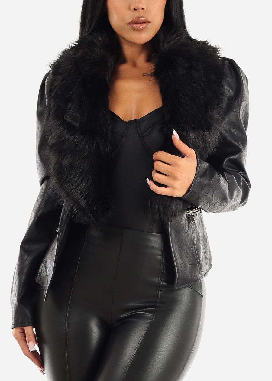 Black Vegan Leather Jacket w Detachable Faux Fur Collar sold by Moda product image thumbnail 3