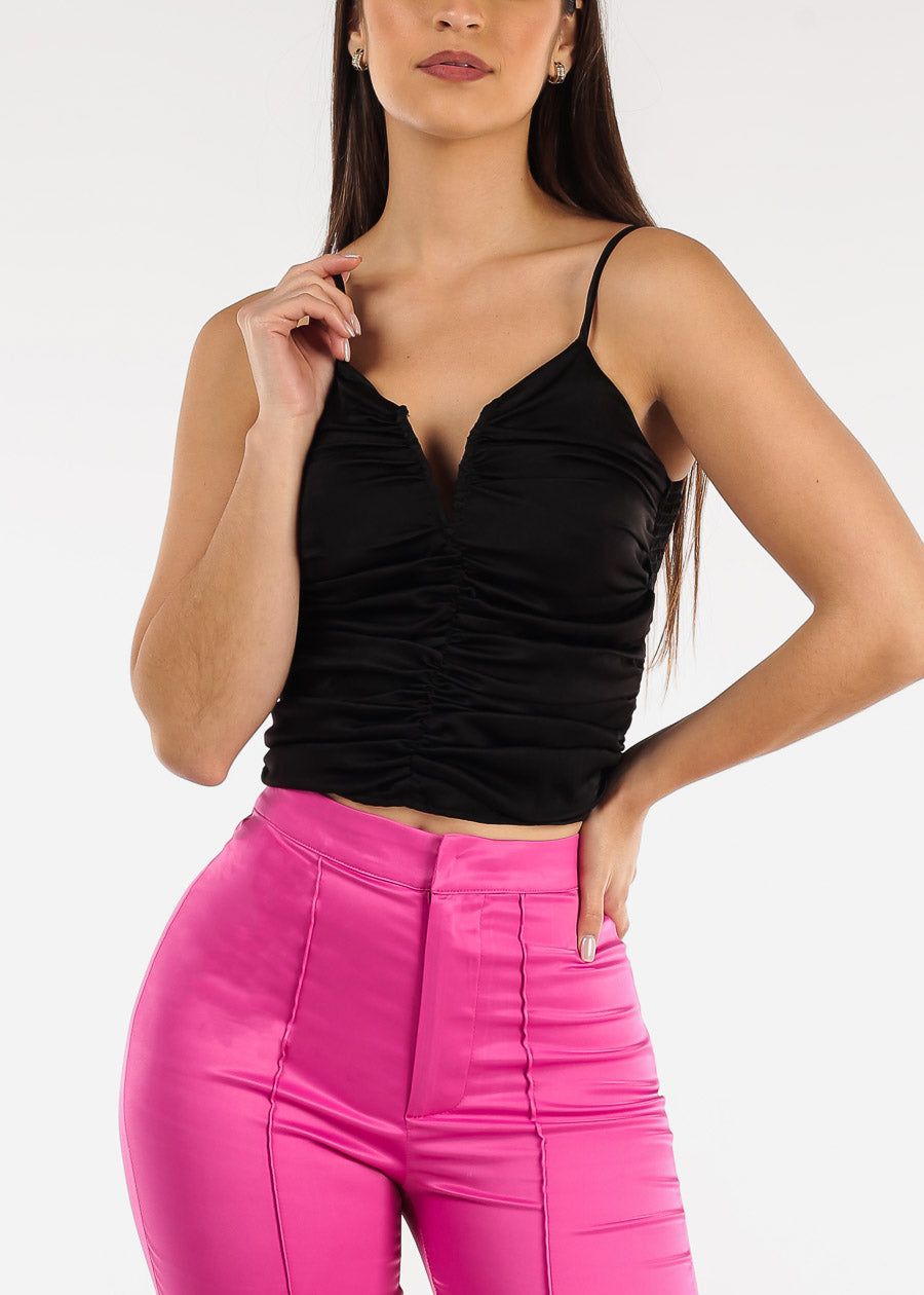 Black Sleeveless Ruched Cami Smock Back Top sold by Moda