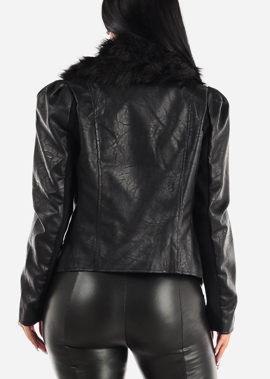 Black Vegan Leather Jacket w Detachable Faux Fur Collar sold by Moda product image thumbnail 5