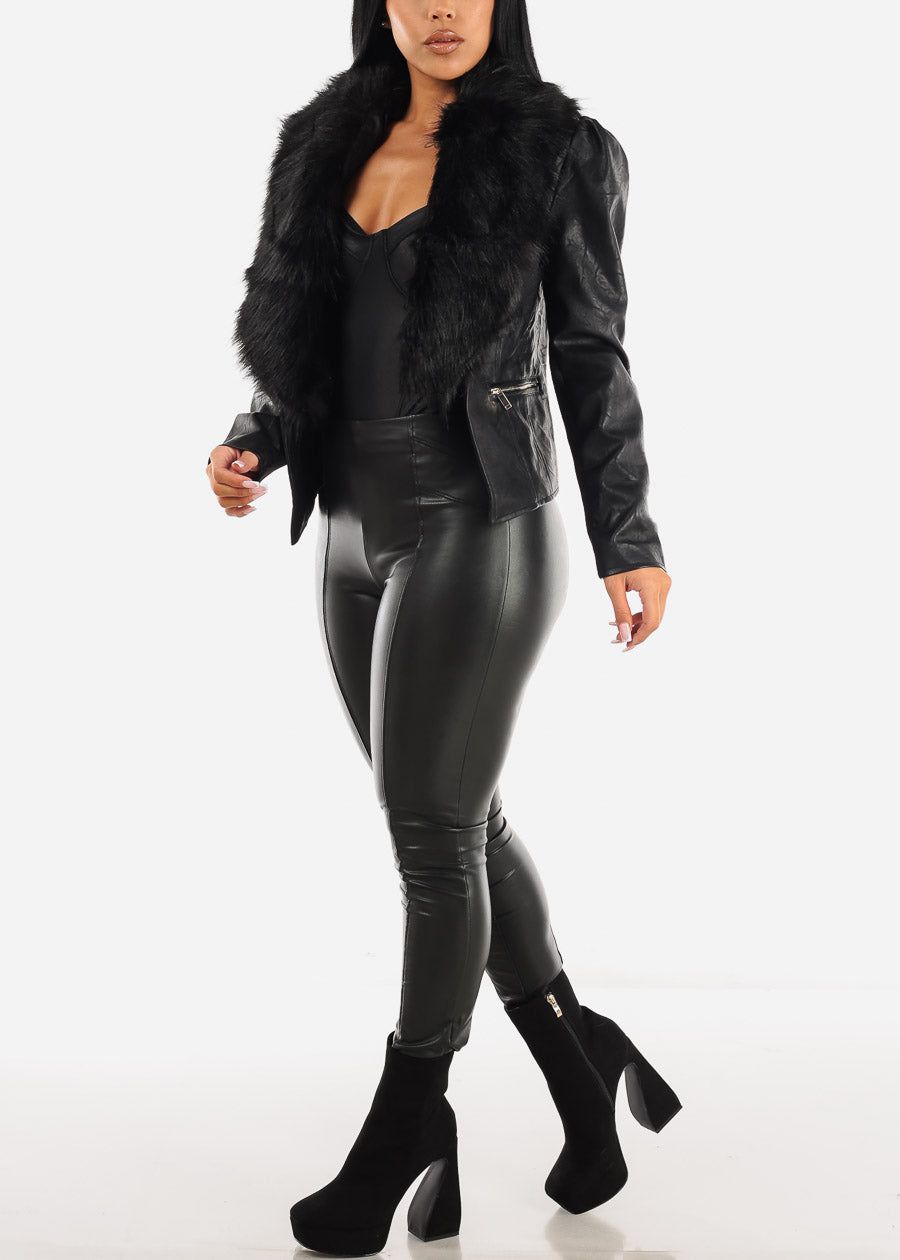 Black Vegan Leather Jacket w Detachable Faux Fur Collar sold by Moda product image thumbnail 2