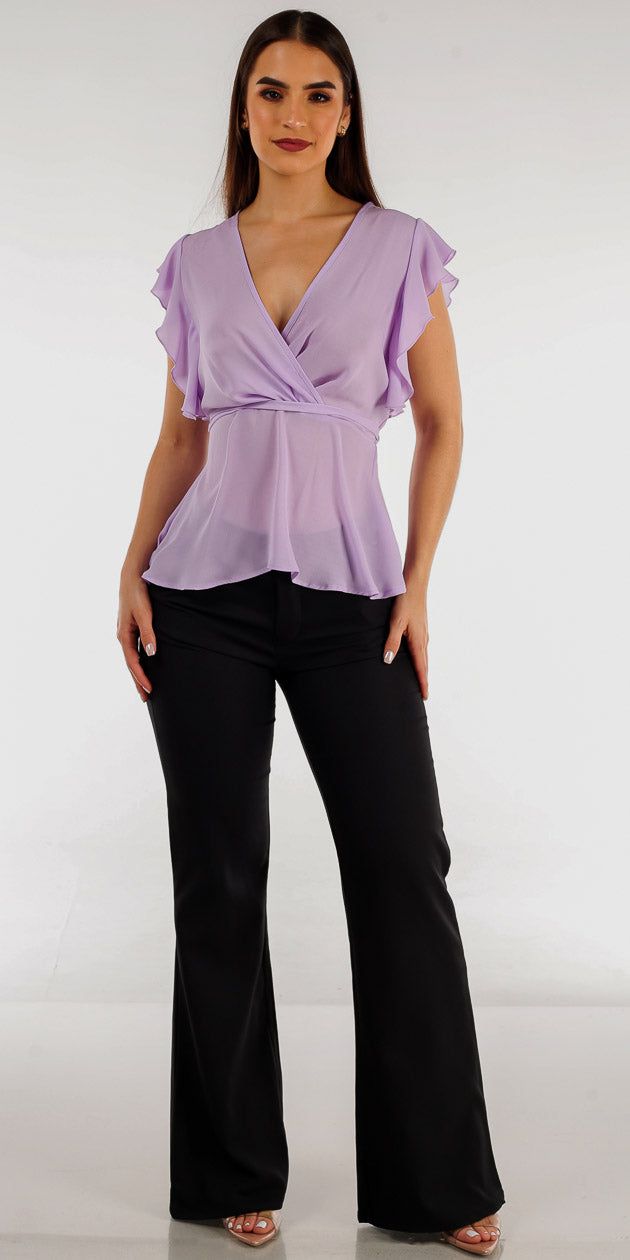Black Flared Bootcut Dress Pants with Short Sleeve Lavender Peplum Blouse sold by Moda